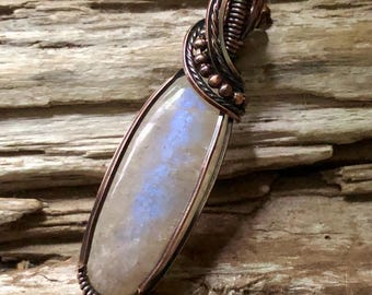 Belomorite and Copper Pendant Necklace, Russian Moonstone