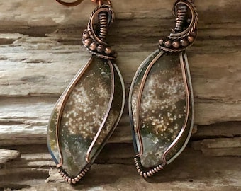 Ocean Jasper Copper Earrings: Wire Wrapped Dangle Earrings