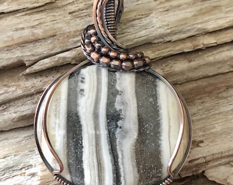 Zebra Jasper Copper Wire Wrapped Pendant Necklace, Antiqued Ball Chain