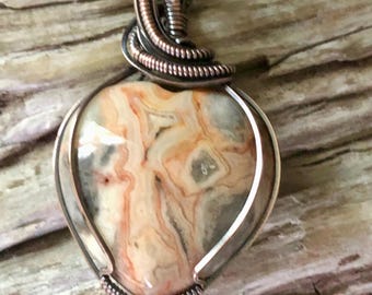 Crazy Lace Agate Puffy Heart and Copper Pendant Necklace - Antiqued Copper Ball Chain