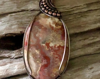 Crazy Lace Agate Copper Pendant Necklace: Antiqued Wire Wrapped Stone