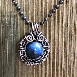 Wire Wrapped Lapis Lazuli Pendant: Copper Ball Chain Necklace