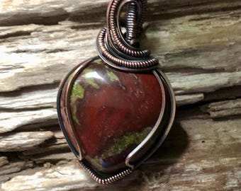 Dragon Bloodstone Puffy Heart and Copper Pendant Necklace: Protection Amulet