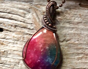 Antiqued Copper Wire Wrapped Rainbow Quartz Pendant Necklace