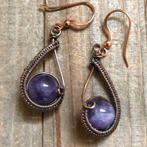 Amethyst Drop Earrings, Gemstone Earrings, Gift for Mom, Wire wrapped Amethyst Earrings, Purple Earrings