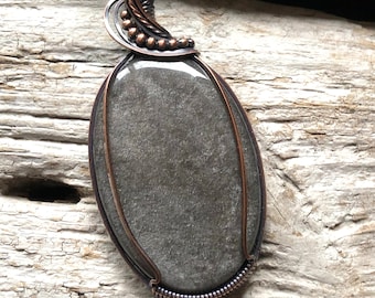 Silver Sheen Obsidian Pendant, Wire wrapped Obsidian Pendant, Obsidian necklace