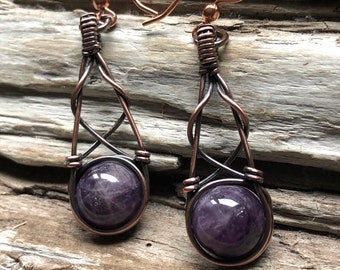 Handmade Copper and Amethyst Drop Earrings, February Birthstone Earrings, Copper and Amethyst Earrings,  Gift for Her, Handmade Jewelry