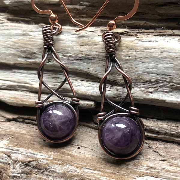 Handmade Copper and Amethyst Drop Earrings, February Birthstone Earrings, Copper and Amethyst Earrings,  Gift for Her, Handmade Jewelry