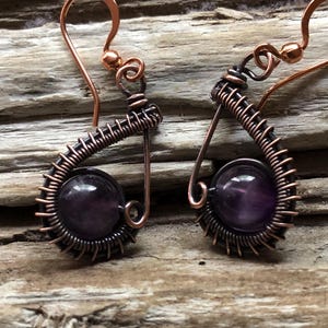 Wire Wrapped Amethyst Drop Earrings: Copper Gemstone Jewelry