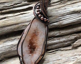 Druzy Agate Slice Pendant, Copper Pendant