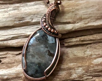 Wire Wrapped Larvikite Pendant Necklace, Copper Chain Jewelry