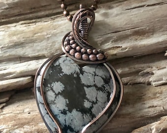 Snowflake Obsidian Heart and Copper Pendant Necklace