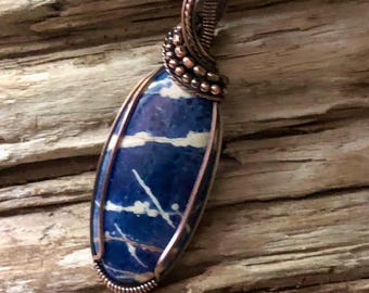 Wire Wrapped Sodalite Pendant: Antiqued Copper Jewelry