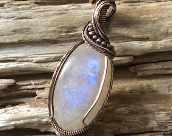 Wire Wrapped Moonstone Pendant Necklace, Antiqued Copper Jewelry