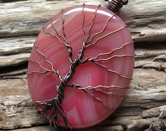 Pink Banded Agate Pendant: Copper Tree of Life Necklace