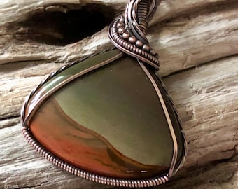 Polychrome Jasper Copper Pendant: Antiqued Wire Wrapped Necklace
