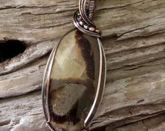 Septarian Pendant Necklace: Patina Copper Wire Wrapped