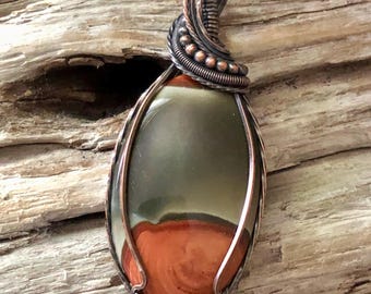 Polychrome Jasper Copper Pendant: Antiqued Wire Wrapped Necklace