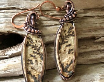 Psilomelane Dendrite and Copper Drop Earrings