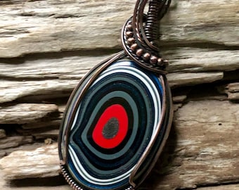 Fordite Copper Wire Wrapped Pendant Necklace, Detroit Agate Jewelry