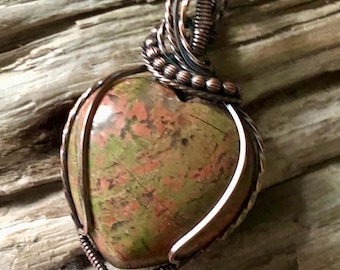 Unakite and Copper Puffy Heart Pendant Necklace