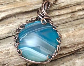Blue Banded Agate Pendant, Antiqued Copper Wire Wrapped Necklace, Handmade Canada