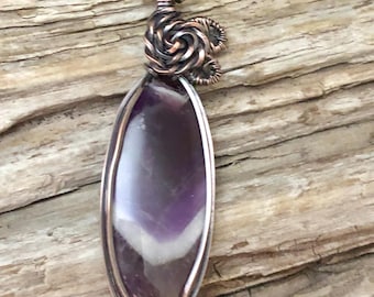 Chevron Amethyst Necklace: Antiqued Copper Wire Wrapped Pendant, February Birthstone