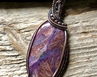 Wire Wrapped Charoite Pendant: Antiqued Copper Necklace