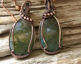 Green Moss Agate Copper Earrings: Dangle Gemstone Jewelry