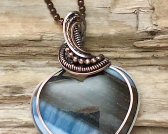 Blue Opal and Copper Heart Pendant Necklace