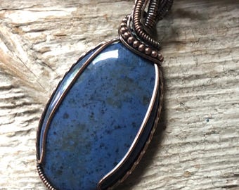 Dumortierite and Copper Pendant Necklace, Wire Wrap Jewelry