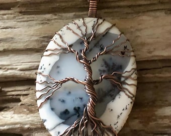 Tree of Life Dendritic Opal Pendant: Antiqued Copper Wire Wrapped Necklace