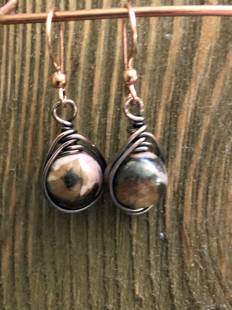 Rhodonite Dangle Earrings Rhodonite and Copper Earrings Pink Earrings