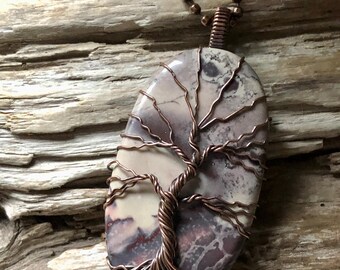 Porcelain Jasper Tree of Life Pendant, Sci Fi Jasper Copper Wire Wrapped Necklace