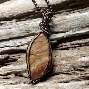 Crazy Lace Agate Copper Pendant Necklace: Antiqued Wire Wrapped Stone