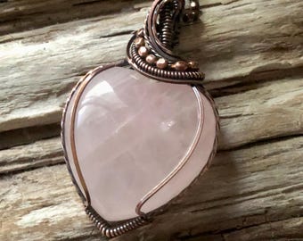 Rose Quartz Puffy Heart and Copper Pendant Necklace