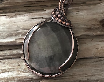 Faceted Silver Sheen Obsidian and Copper Pendant Necklace