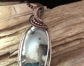 Dendritic Opal Copper Pendant Necklace: Antiqued Wire Wrapped