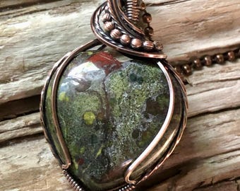 Dragon Bloodstone Puffy Heart and Copper Pendant Necklace: Protection Amulet