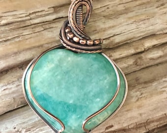 Amazonite Heart Pendant Necklace: Antiqued Copper Wire Wrapped