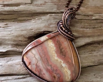 Crazy Lace Agate Copper Pendant Necklace: Antiqued Wire Wrapped Stone