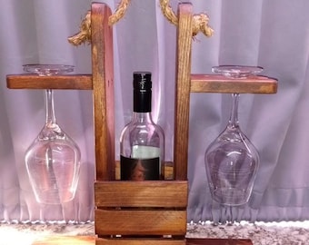 Rustic Wooden Wine Caddy – Handmade Bottle & Glass Holder with Rope Handle