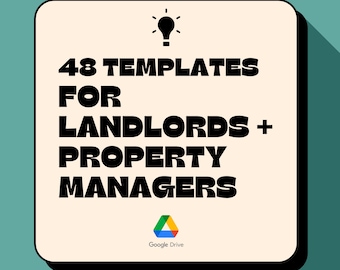 Puede incluir: Imagen de producto digital con un icono de bombilla en la parte superior. El texto dice "48 TEMPLATES FOR LANDLORDS + PROPERTY MANAGERS" en negrita negra. Un logotipo de Google Drive en la parte inferior, sobre un fondo crema con una sombra verde azulado.