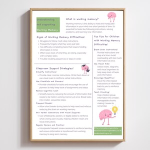 May include: A pink and green illustrated poster with a brain character and text about understanding and supporting working memory. The poster includes signs of working memory difficulties, classroom support strategies, and top tips for children with working memory difficulties.