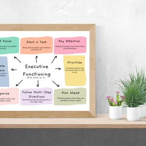 Op de afbeelding: Een ingelijste print met de woorden 'Executive Functioning' en gerelateerde vaardigheden zoals 'Shift Focus' en 'Organise'. De print staat op een houten plank met kleine potplanten.