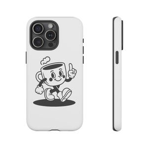 Funda para teléfono con diseño retro de taza de café de dibujos animados: estilo vintage de los años 40, diseño en blanco y negro, con un adorable gráfico de taza feliz.
