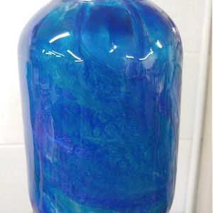 Metallic Blue and Turquoise Recycled Food Jar, alcohol ink, epoxy, transformation, vase or candle holder, farm house. One of a kind.