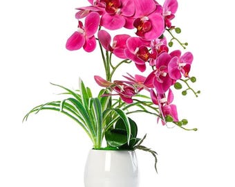 Artificial Pink Orchid Plant with Vase – Faux Orchid in Ceramic Pot