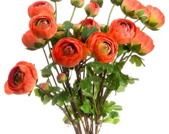 Orange Silk Ranunculus Artificial Flowers – Long Stem Faux Flowers (6 Pack)