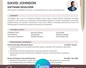 May include: A resume template with a brown background and a blue and green circle with the word "Canva" in white text. The resume is for a software developer named David Johnson. The resume includes sections for summary, technical skills, professional experience, and contact information. The resume is editable.